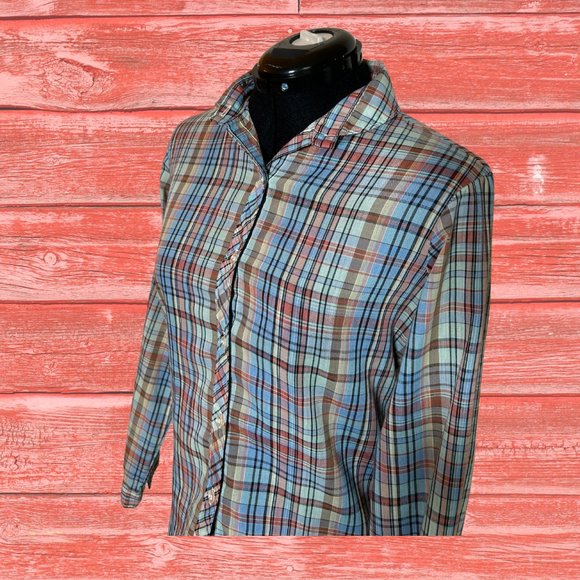 Vintage 1980's Plaid Button Down Shirt Lightweight Step Up Brand Western S/M - Picture 2 of 5